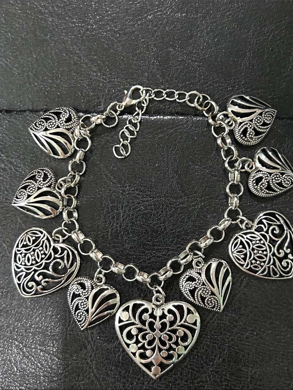 Silver Heart Charm Bracelet for Women - Filigree Heart Dangles